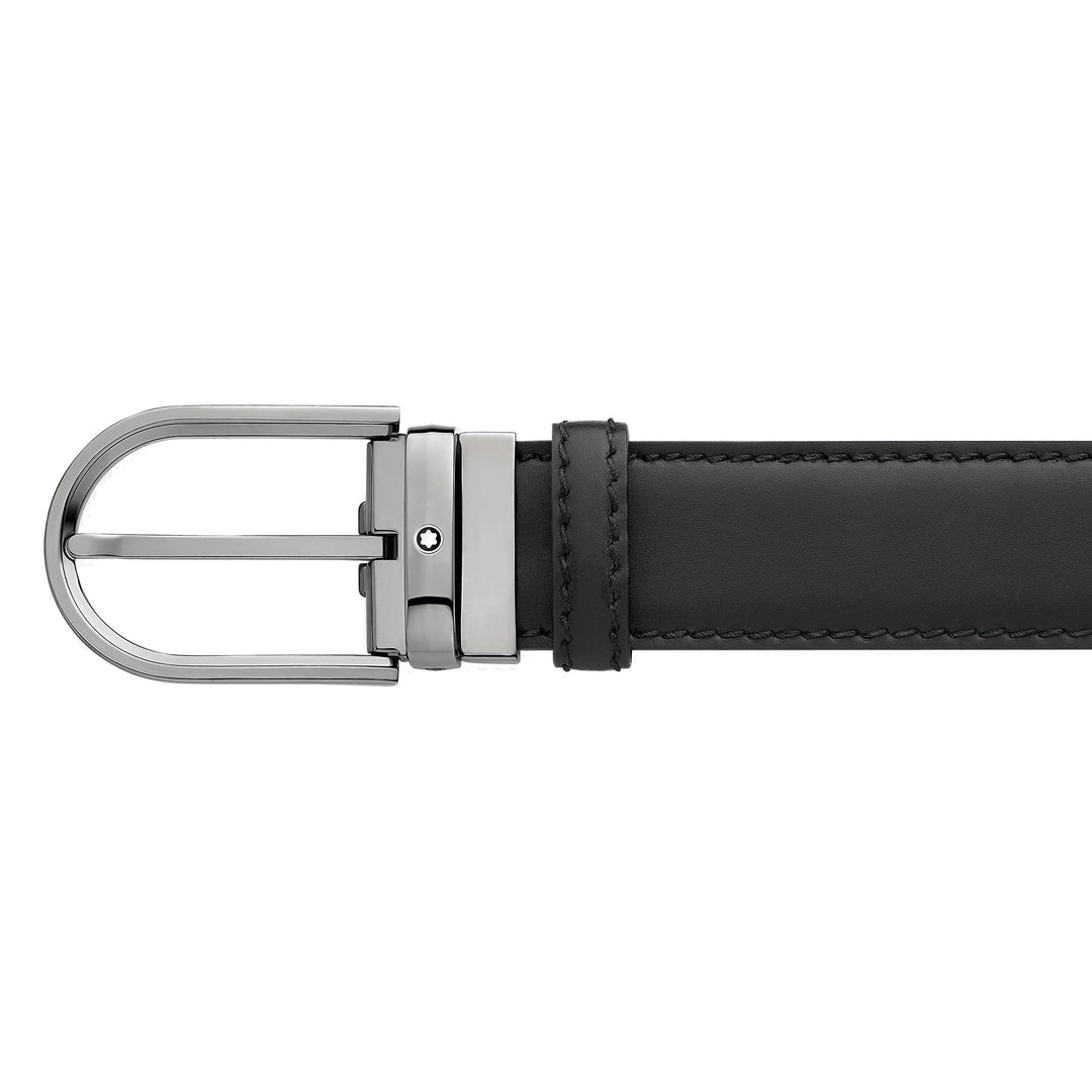 Montblanc belt 35mm buckle horseshoe finish ruthenium black leather adjustable size 128770