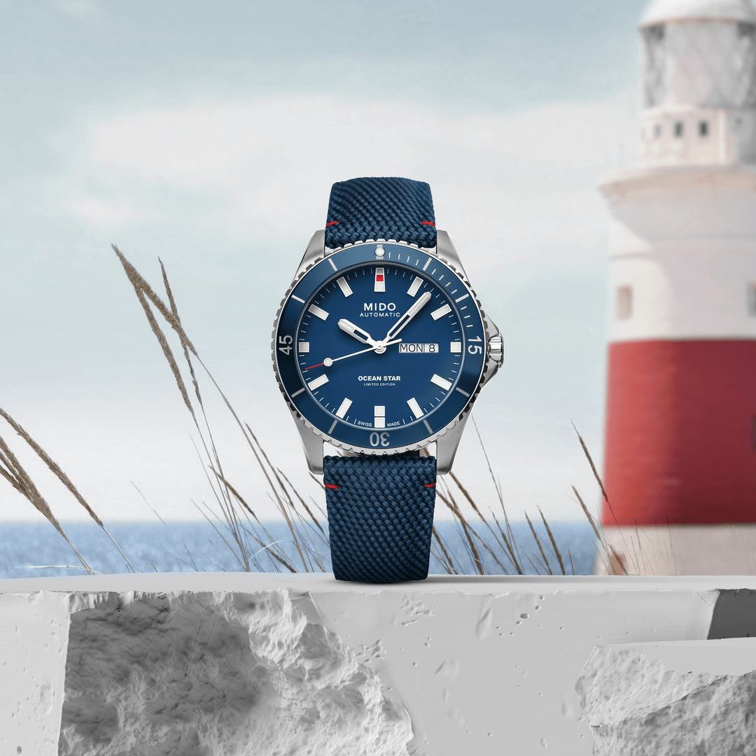 Mido घड़ी महासागर स्टार 20 वीं वर्षगांठ वास्तुकला लिमिटेड संस्करण द्वारा प्रेरित 1841 टुकड़े 42mm नीला स्वत: स्टील M026.430.17.041.01