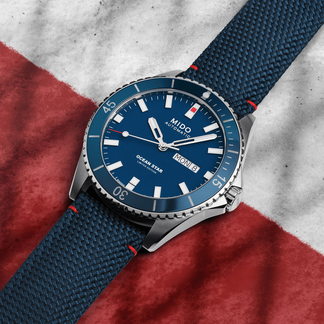 Mido घड़ी महासागर स्टार 20 वीं वर्षगांठ वास्तुकला लिमिटेड संस्करण द्वारा प्रेरित 1841 टुकड़े 42mm नीला स्वत: स्टील M026.430.17.041.01